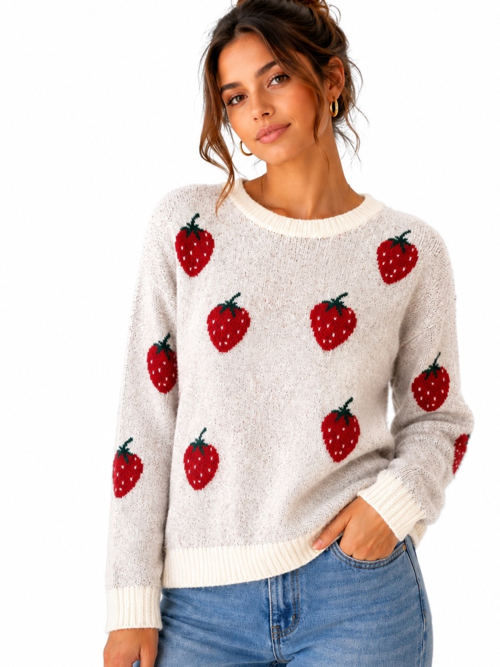904.New  Cream Strawberry Knit Sweater cozy